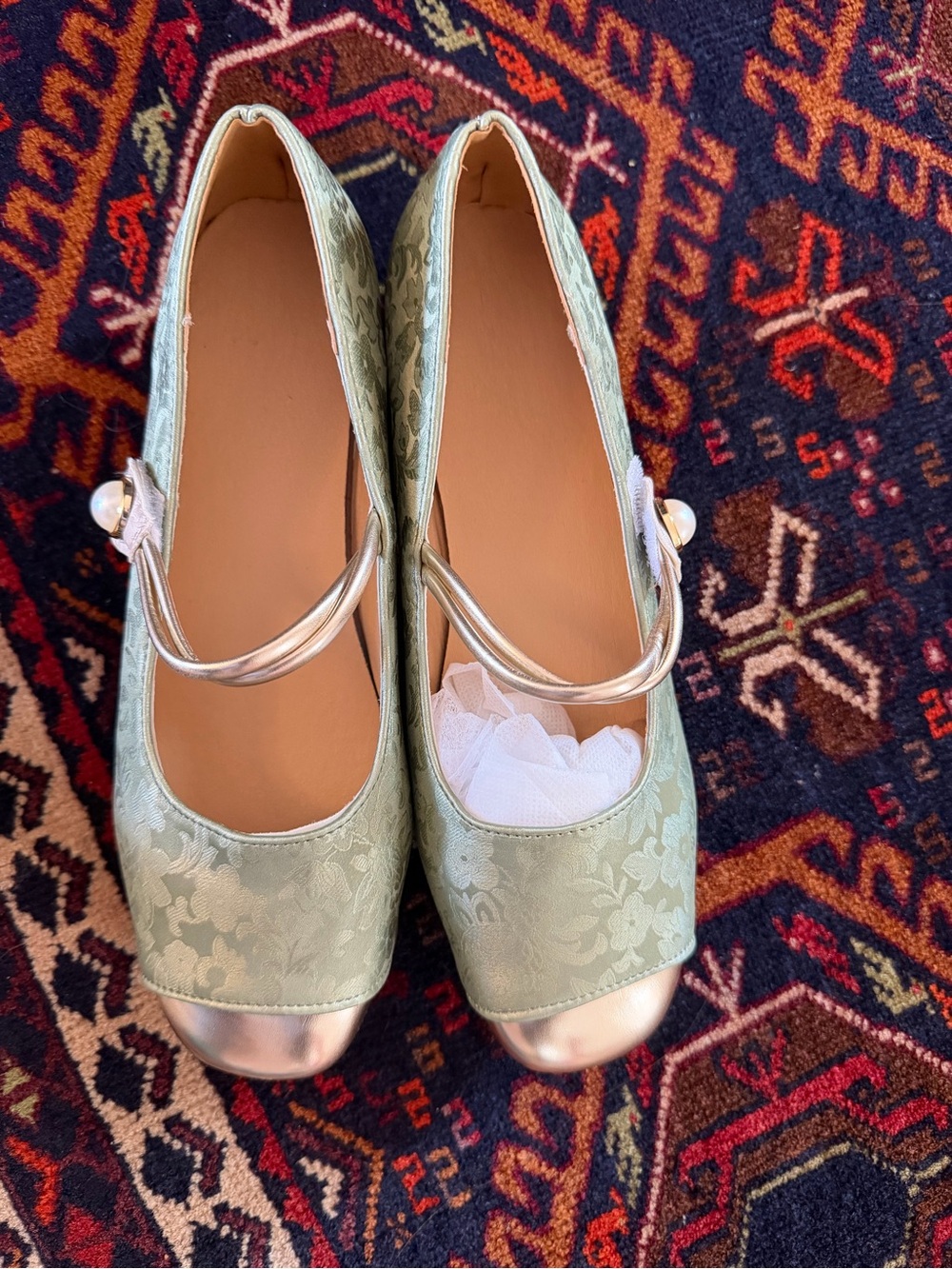 Sage Green Brocade Mary Jane Flats with Gold Cap Toe